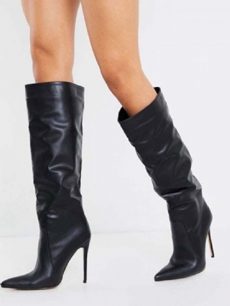 Bottes Hauteur Genou À Talon Aiguille Et Bout Pointu Pour Femme Cuir Noir Brillant