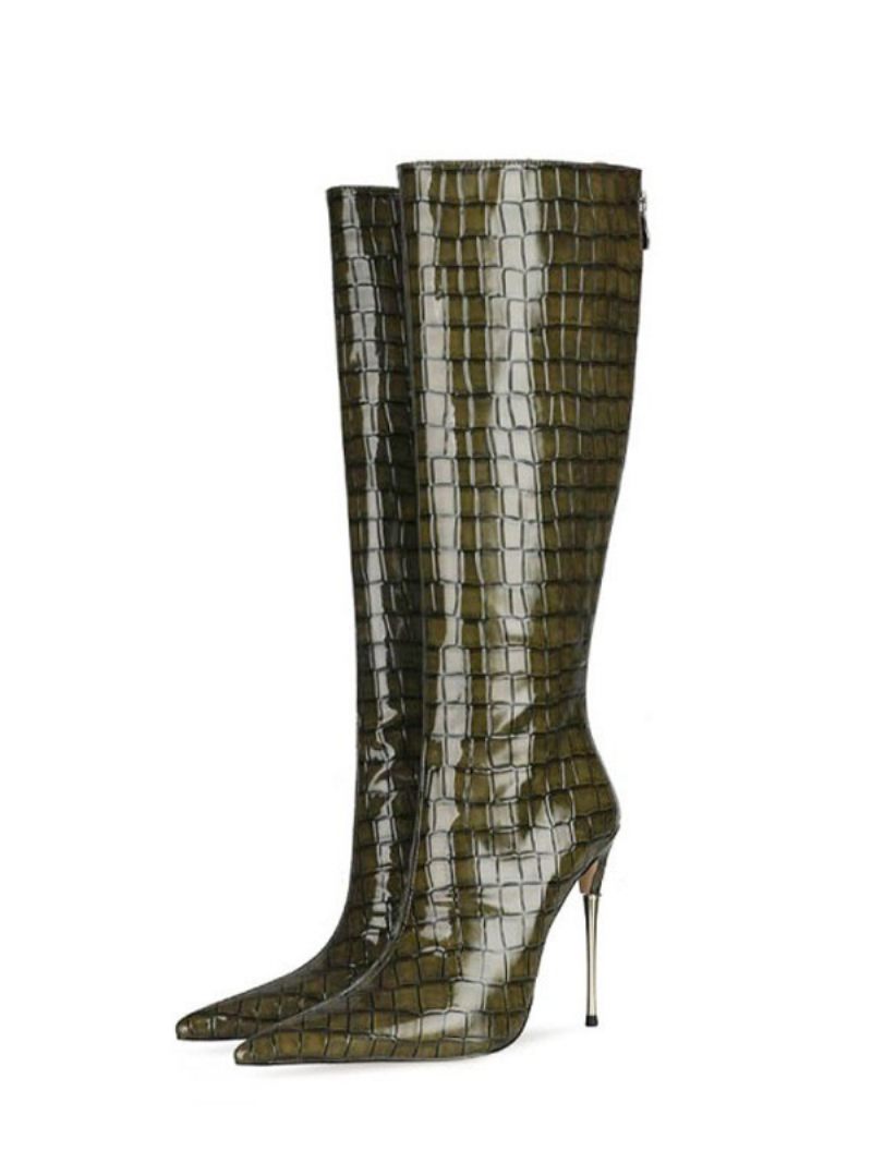 Bottes Hauteur Genou À Talon Aiguille Et Grain Pierre Pour Femmes - Vert Chasseur