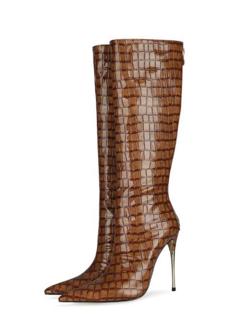 Bottes Hauteur Genou À Talon Aiguille Et Grain Pierre Pour Femmes - Chocolat