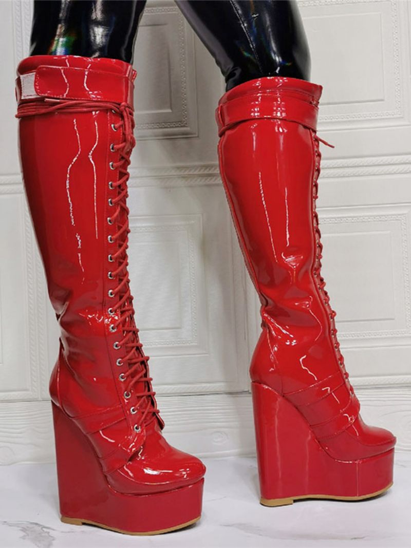 Bottes Hauteur Genou À Talon Compensé Supérieur Pu Verni Pour Femmes - Rouge