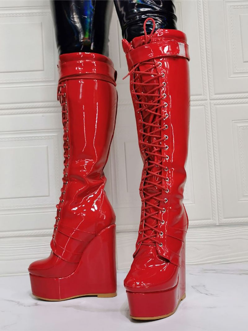 Bottes Hauteur Genou À Talon Compensé Supérieur Pu Verni Pour Femmes - Rouge