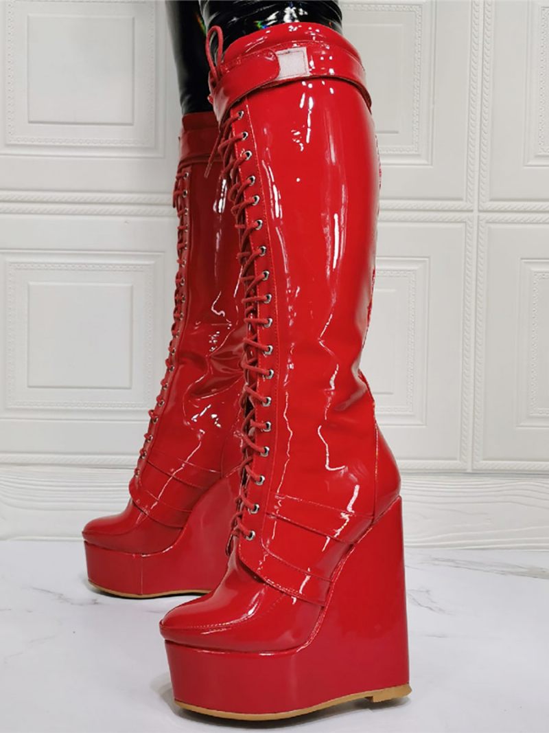 Bottes Hauteur Genou À Talon Compensé Supérieur Pu Verni Pour Femmes - Rouge