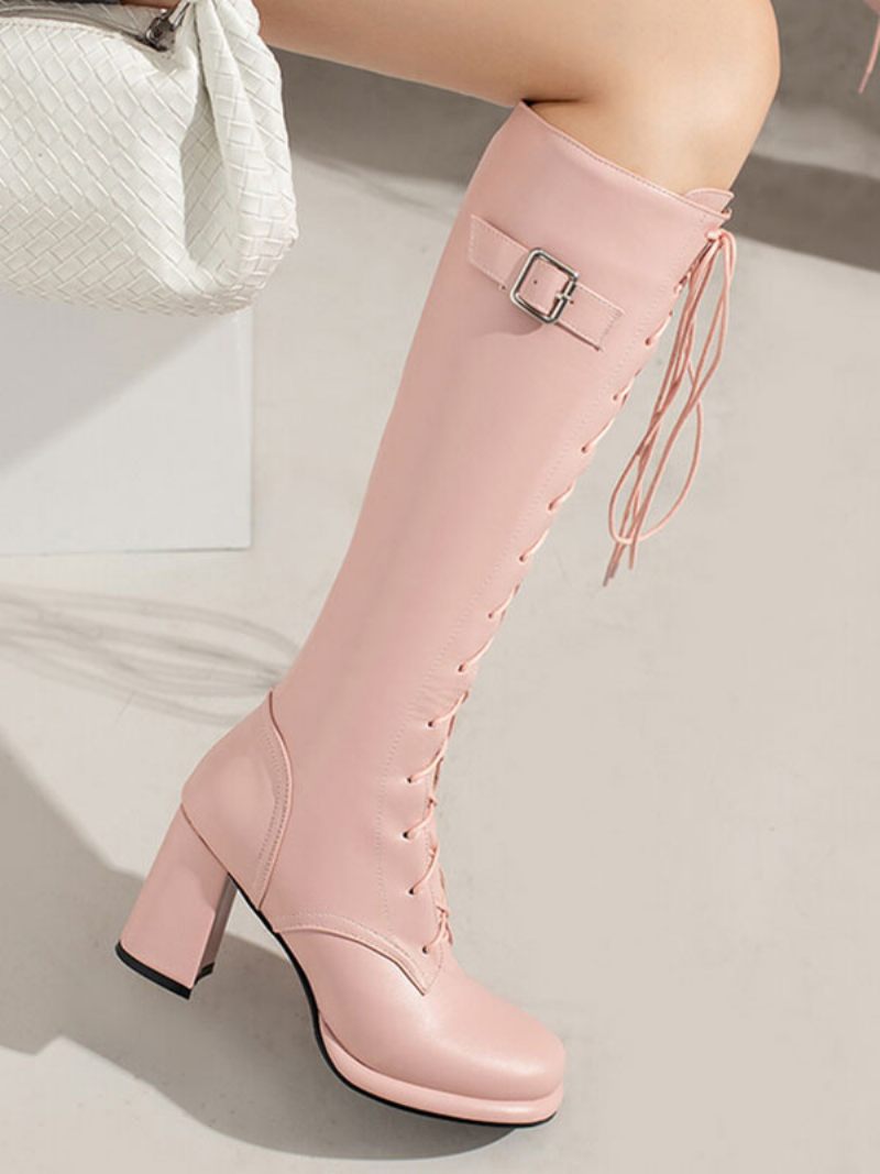 Bottes Hauteur Genou À Talon Épais Cuir Pu Plateforme Pour Femmes - Rose