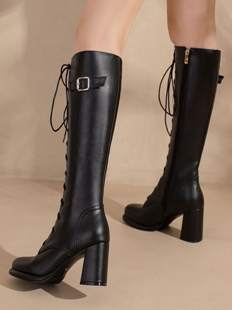 Bottes Hauteur Genou À Talon Épais Cuir Pu Plateforme Pour Femmes - Noir