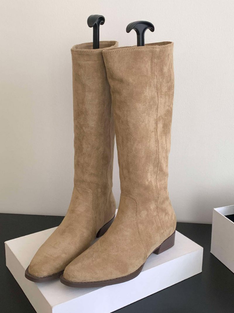 Bottes Hauteur Genou À Talon Épais Micro-daim Pour Femmes