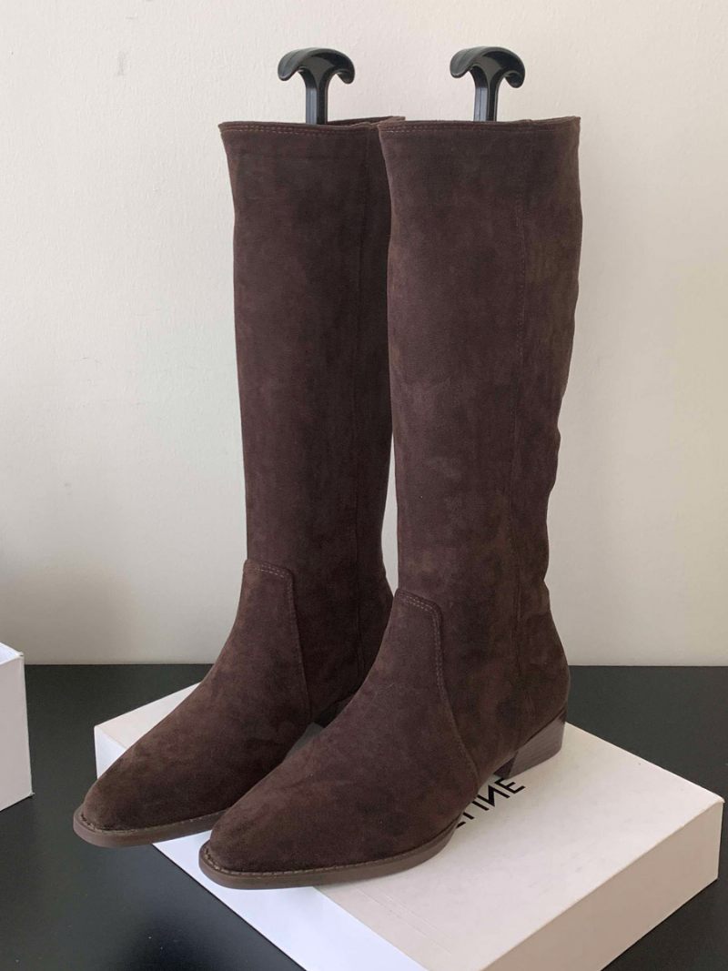 Bottes Hauteur Genou À Talon Épais Micro-daim Pour Femmes - Brun Foncé