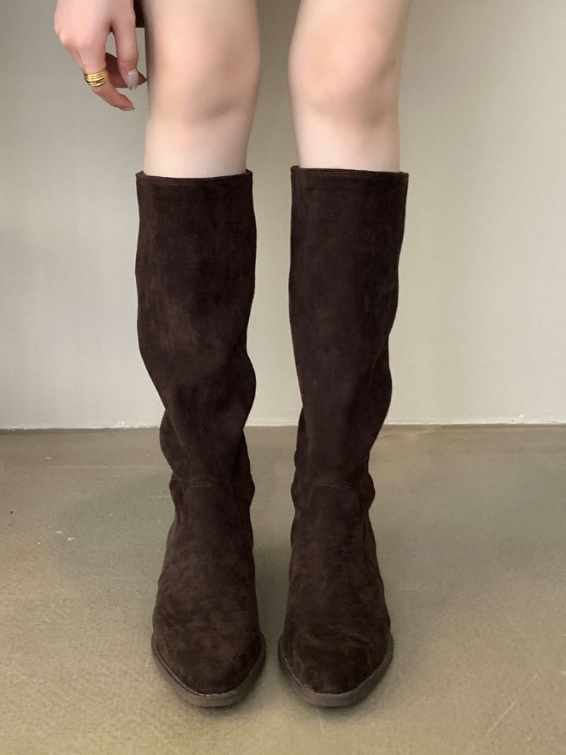 Bottes Hauteur Genou À Talon Épais Micro-daim Pour Femmes - Brun Foncé