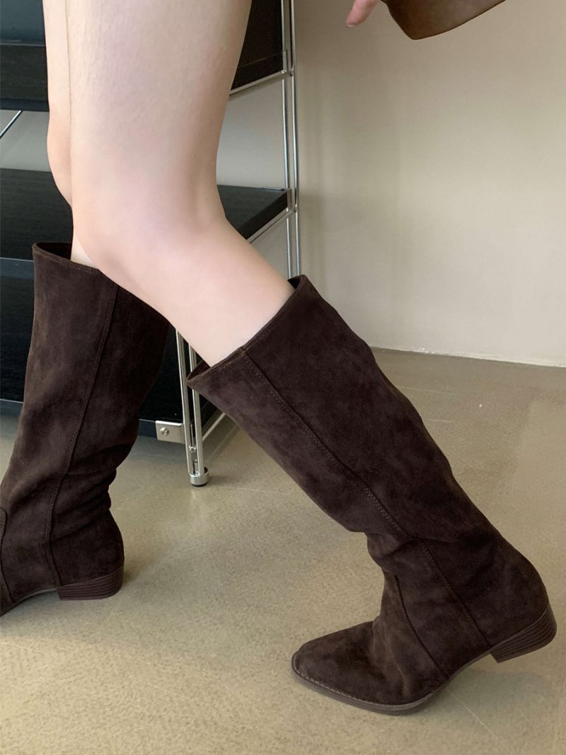 Bottes Hauteur Genou À Talon Épais Micro-daim Pour Femmes - Brun Foncé