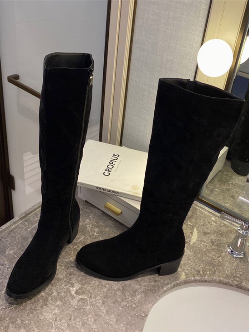 Bottes Hauteur Genou À Talon Épais Micro-daim Pour Femmes - Noir