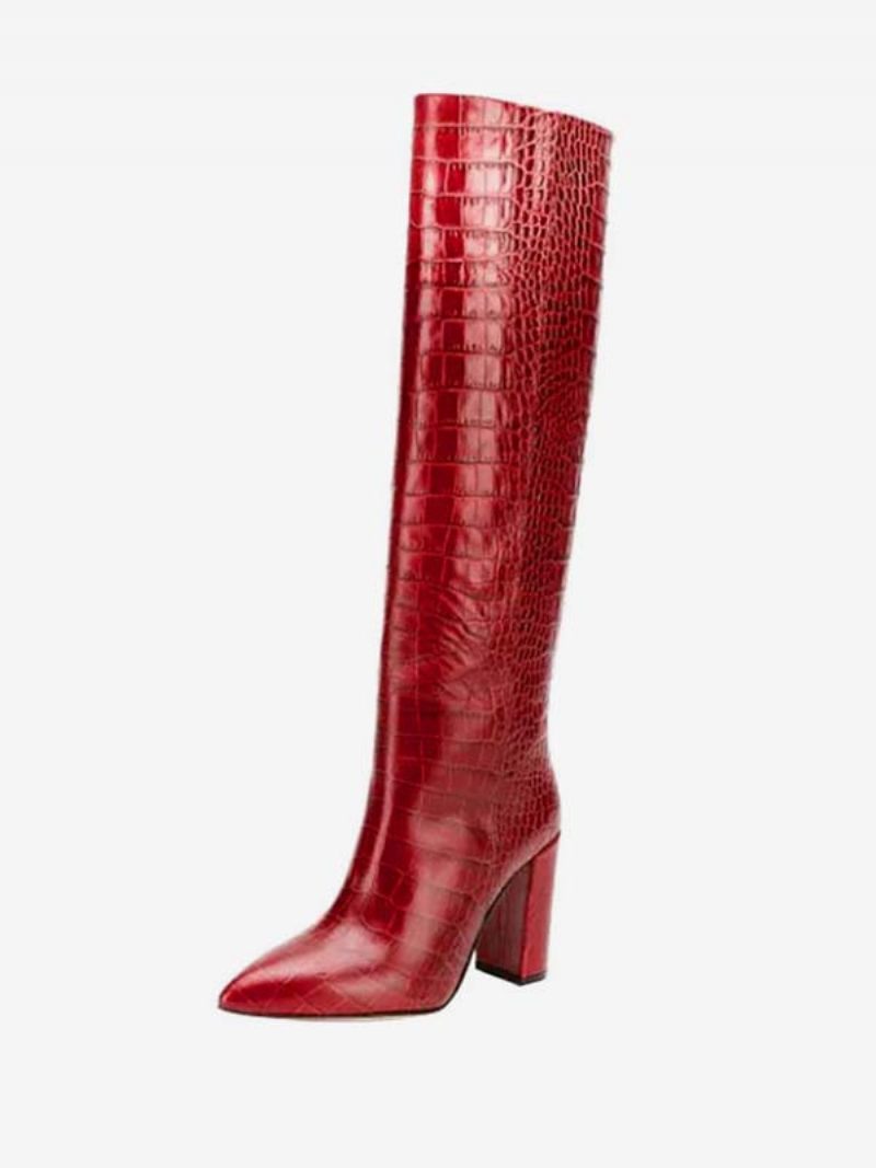 Bottes Hauteur Genou À Talons Épais Et Imprimé Croco Pour Femmes - Rouge