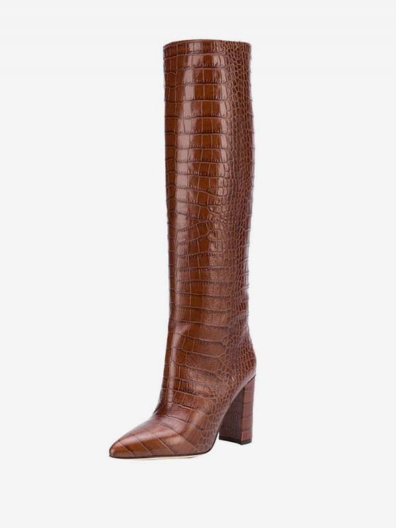 Bottes Hauteur Genou À Talons Épais Et Imprimé Croco Pour Femmes - Marron Foncé