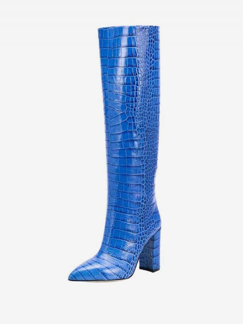 Bottes Hauteur Genou À Talons Épais Et Imprimé Croco Pour Femmes - Bleu