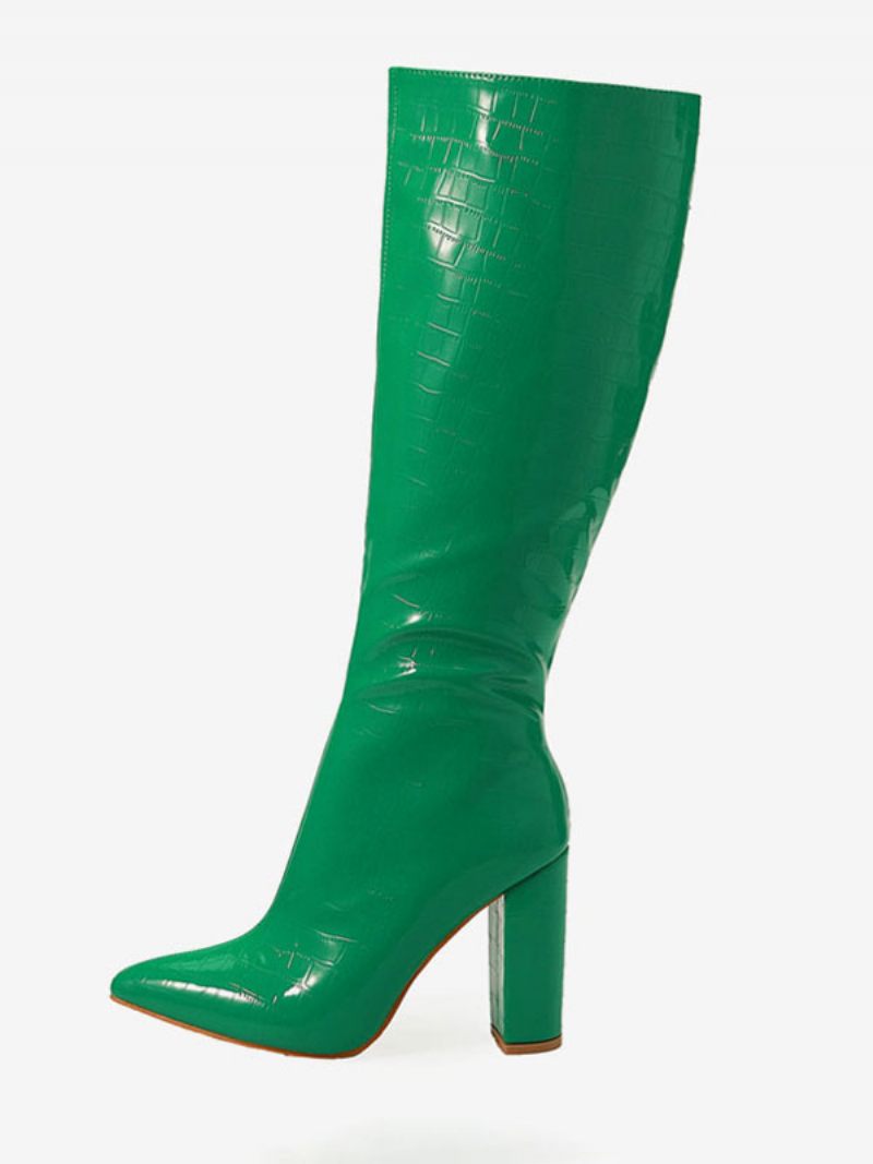 Bottes Hauteur Genou À Talons Épais Relief Croco Pour Femmes - Vert