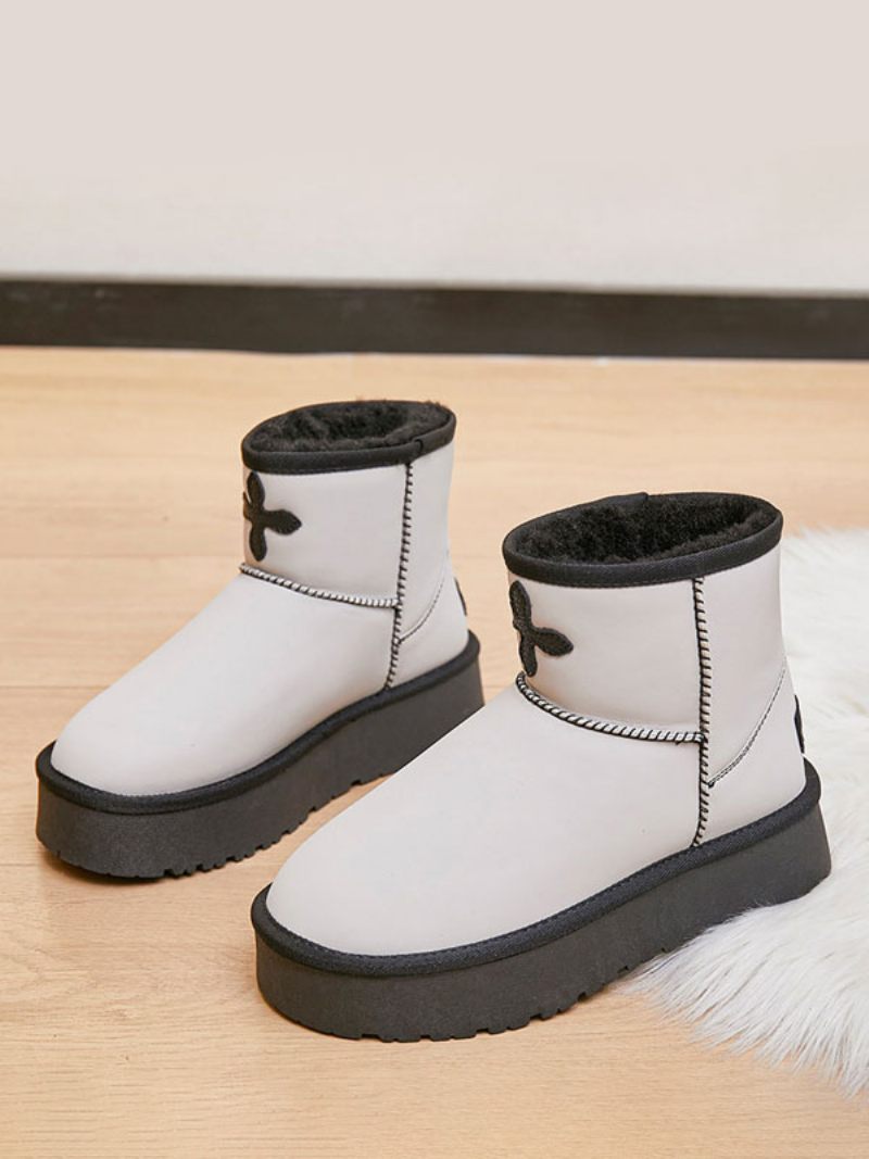 Bottes D'hiver Blanches Pour Femmes Neige Cuir Pu À Bout Rond - Blanc Froid