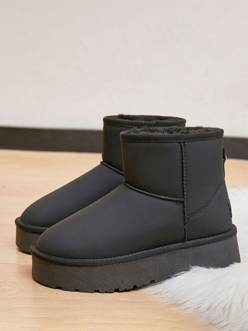 Bottes D'hiver Blanches Pour Femmes Neige Cuir Pu À Bout Rond - Noir