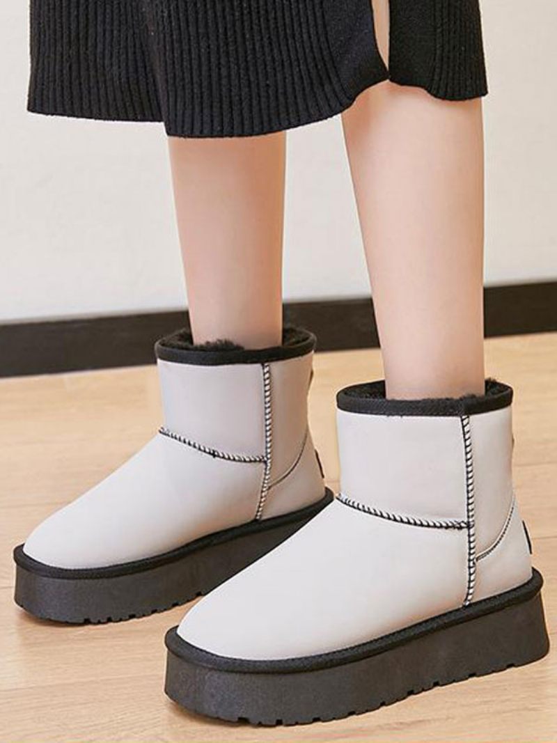 Bottes D'hiver Blanches Pour Femmes Neige Cuir Pu À Bout Rond - Blanc