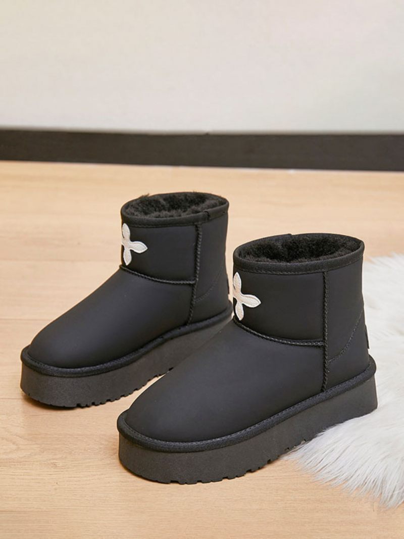 Bottes D'hiver Blanches Pour Femmes Neige Cuir Pu À Bout Rond - Pu Noir