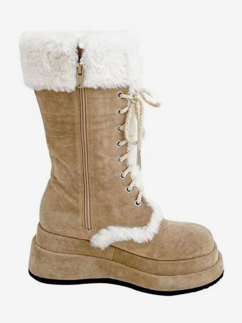 Bottes D'hiver À Bout Rond Micro-daim Neige Pour Femmes - Kaki