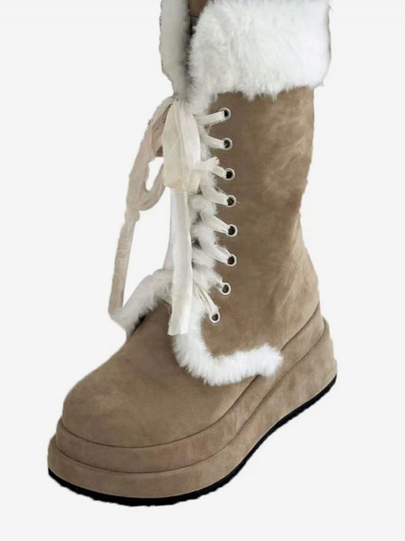 Bottes D'hiver À Bout Rond Micro-daim Neige Pour Femmes - Kaki