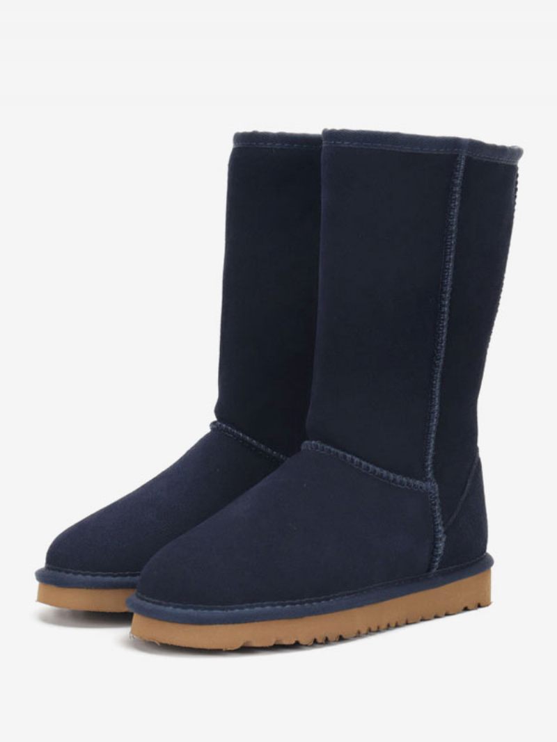 Bottes D'hiver Daim Pour Femmes Neige À Bout Rond Et Mi-claf - Marine Foncé