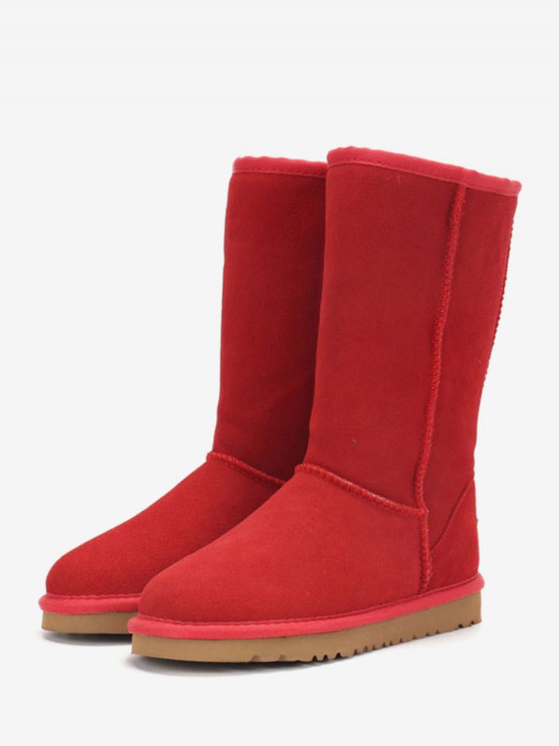 Bottes D'hiver Daim Pour Femmes Neige À Bout Rond Et Mi-claf - Rouge