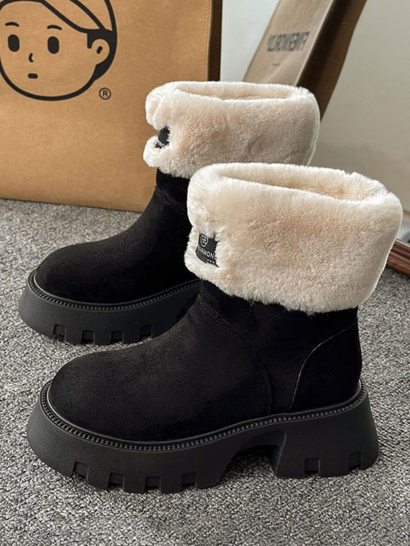 Bottes D'hiver Daim Noir Pour Femmes Bout Rond Bottines Courtes Peluche Dedeil À Talon Épais