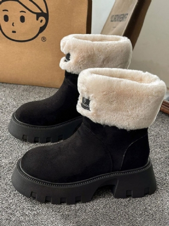 Bottes D'hiver Daim Noir Pour Femmes Bout Rond Bottines Courtes Peluche Dedeil À Talon Épais