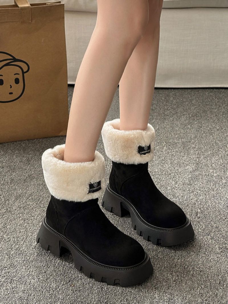 Bottes D'hiver Daim Noir Pour Femmes Bout Rond Bottines Courtes Peluche Dedeil À Talon Épais - Noir