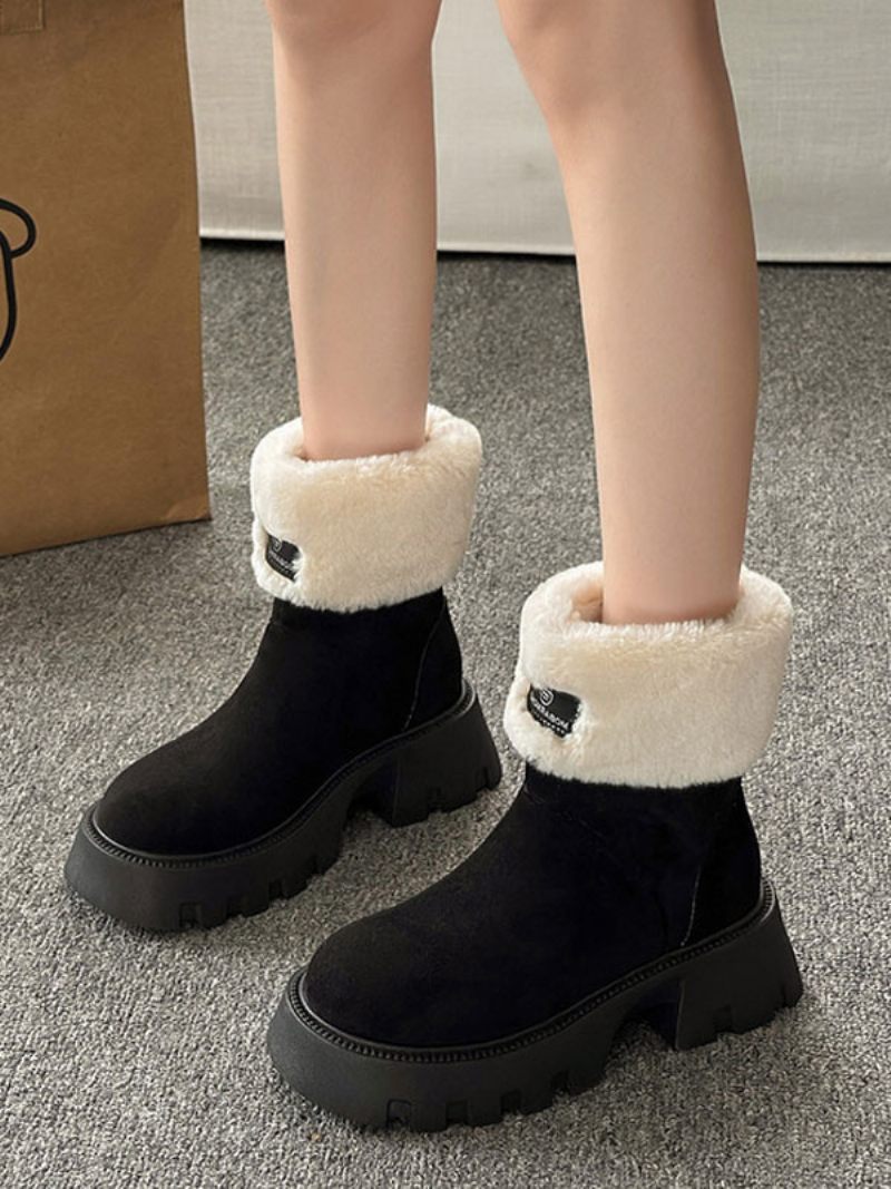 Bottes D'hiver Daim Noir Pour Femmes Bout Rond Bottines Courtes Peluche Dedeil À Talon Épais - Noir