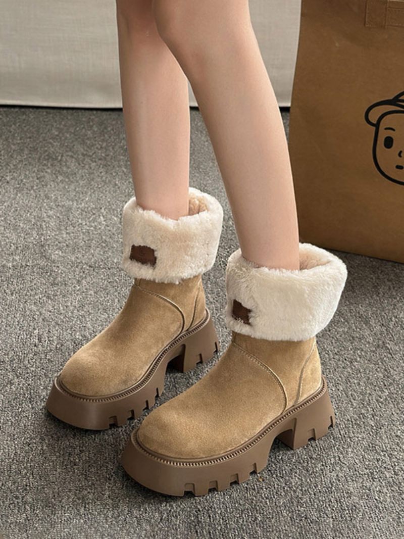 Bottes D'hiver Daim Noir Pour Femmes Bout Rond Bottines Courtes Peluche Dedeil À Talon Épais - Kaki