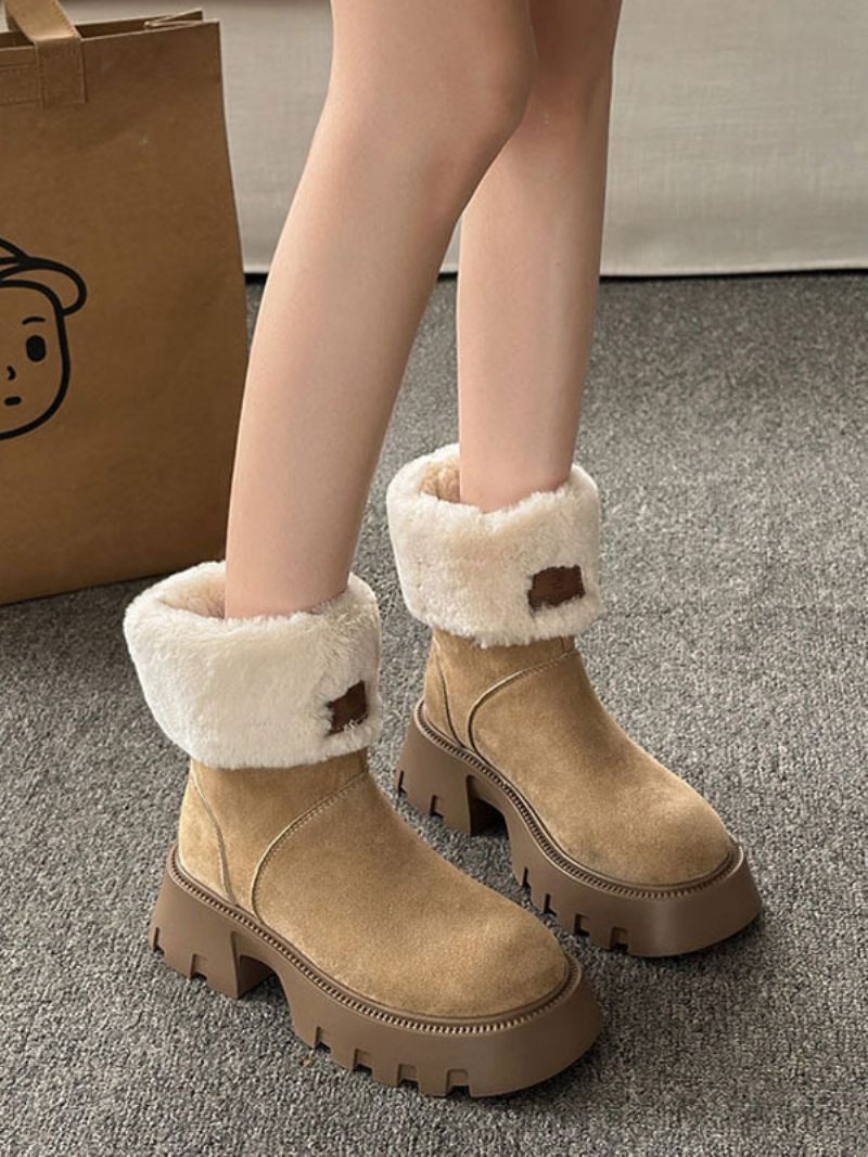 Bottes D'hiver Daim Noir Pour Femmes Bout Rond Bottines Courtes Peluche Dedeil À Talon Épais - Kaki