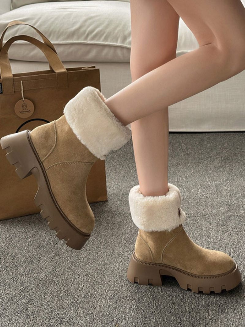 Bottes D'hiver Daim Noir Pour Femmes Bout Rond Bottines Courtes Peluche Dedeil À Talon Épais - Kaki