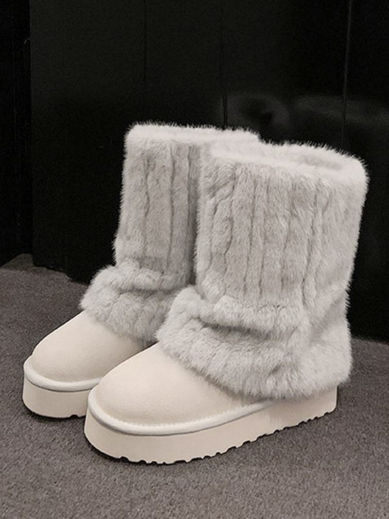 Bottes D'hiver Pour Femmes Bout Rond Fausse Fourrure Manchette Cuir Neige