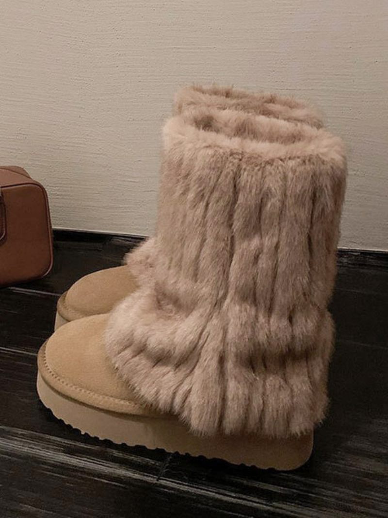 Bottes D'hiver Pour Femmes Bout Rond Fausse Fourrure Manchette Cuir Neige - Marron Café