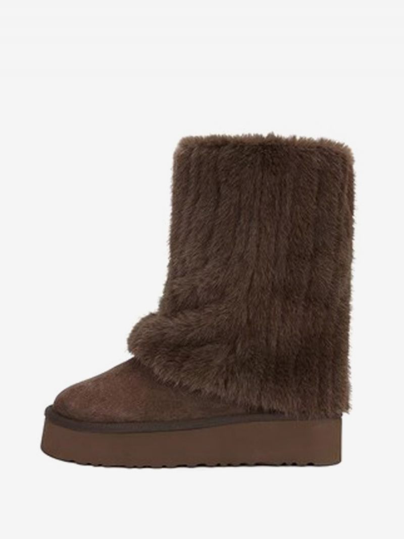 Bottes D'hiver Pour Femmes Bout Rond Fausse Fourrure Manchette Cuir Neige - Marron Foncé