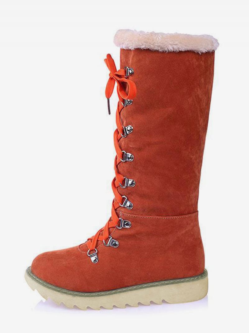 Bottes D'hiver Pour Femmes Daim Écru Blanc Bout Rond Plates À Lacets