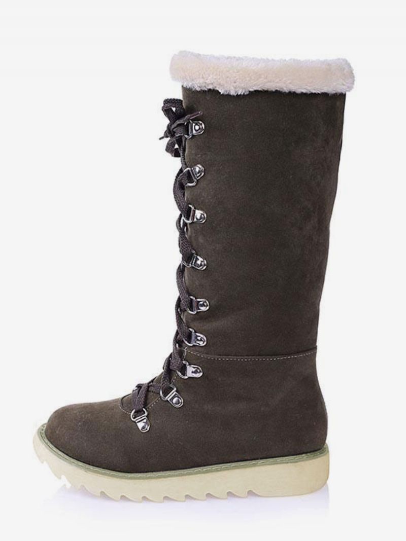 Bottes D'hiver Pour Femmes Daim Écru Blanc Bout Rond Plates À Lacets - Vert Chasseur