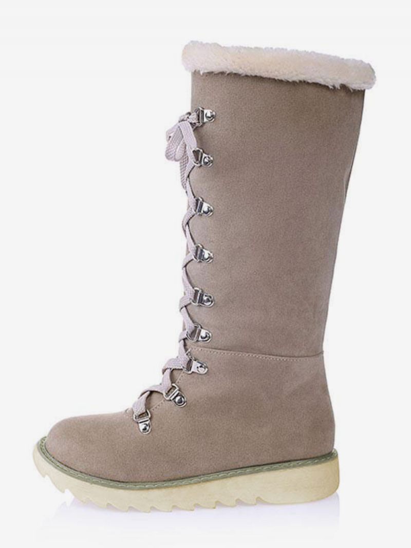 Bottes D'hiver Pour Femmes Daim Écru Blanc Bout Rond Plates À Lacets - Beige