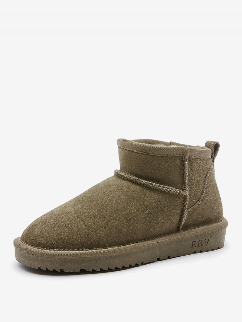 Bottes D'hiver Pour Femmes Daim Et Cuir À Bout Rond Neige Plates - Olive