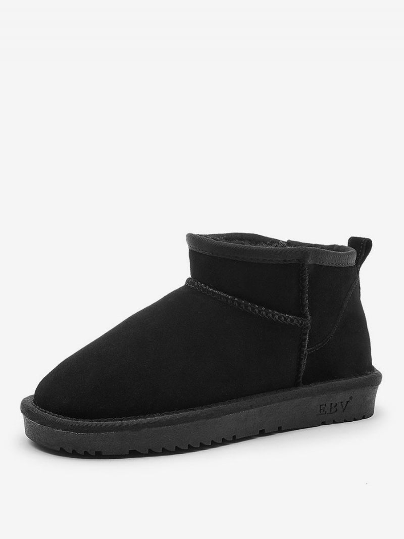 Bottes D'hiver Pour Femmes Daim Et Cuir À Bout Rond Neige Plates - Noir