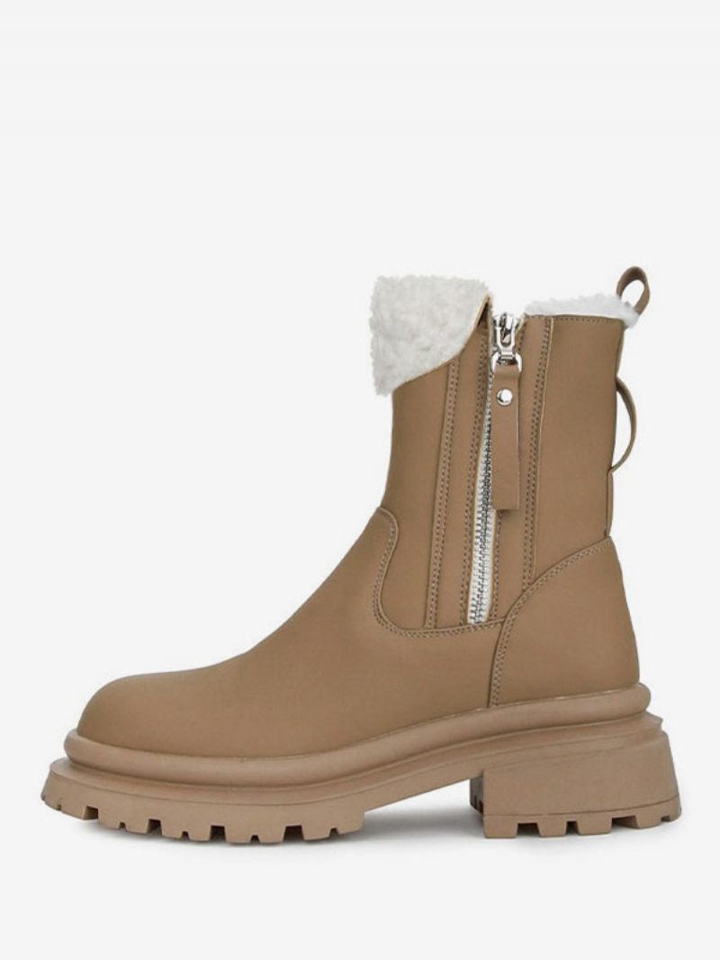 Bottes D'hiver Pour Femmes Kaki Fermeture Éclair Bout Rond Bottines Courtes Peluche