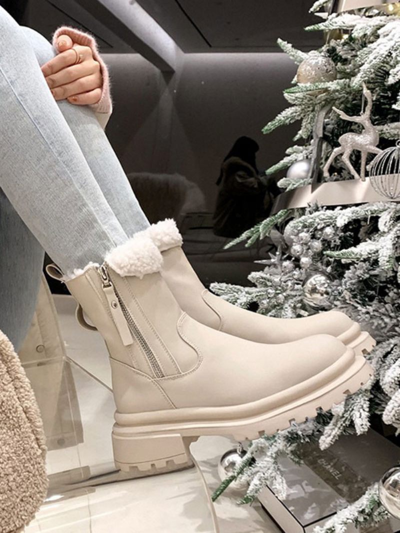 Bottes D'hiver Pour Femmes Kaki Fermeture Éclair Bout Rond Bottines Courtes Peluche - Beige