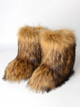 Bottes D'hiver Marron Pour Femmes Détails Fausse Fourrure À Bout Rond Et Patte D'ours