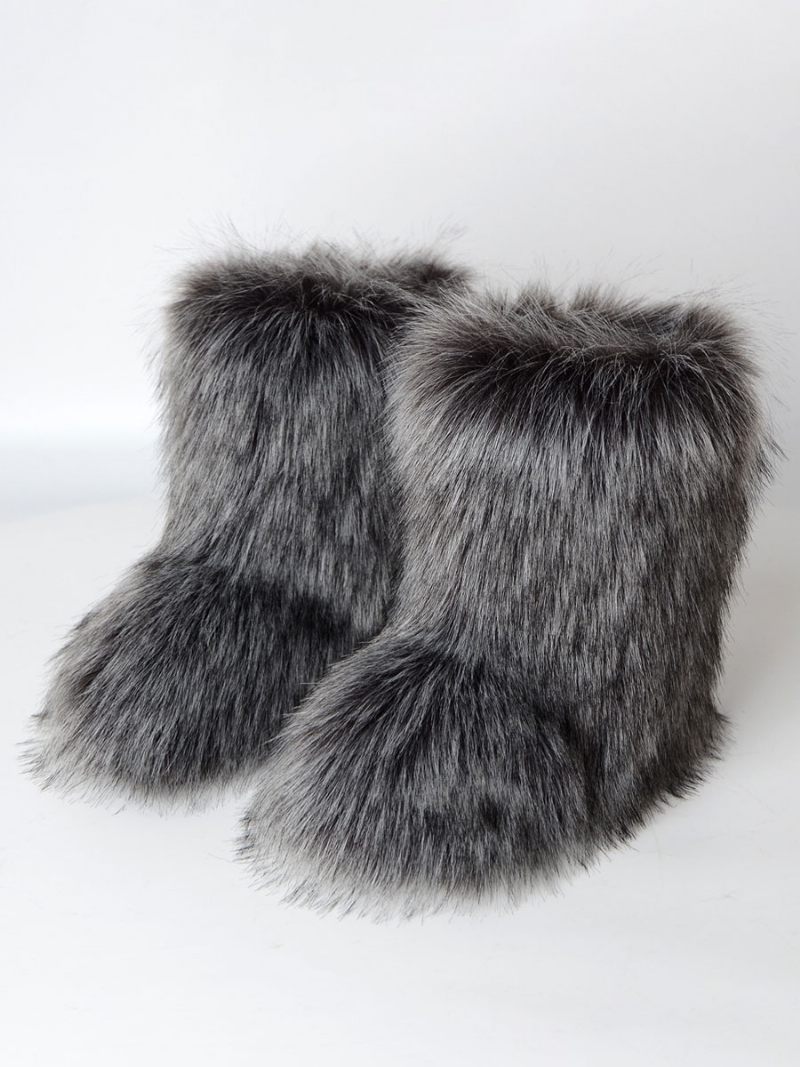 Bottes D'hiver Marron Pour Femmes Détails Fausse Fourrure À Bout Rond Et Patte D'ours - Gris Foncé