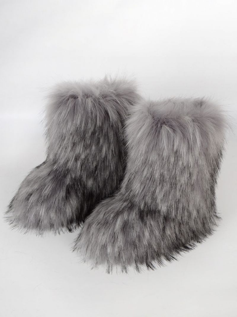 Bottes D'hiver Marron Pour Femmes Détails Fausse Fourrure À Bout Rond Et Patte D'ours - Gris Clair