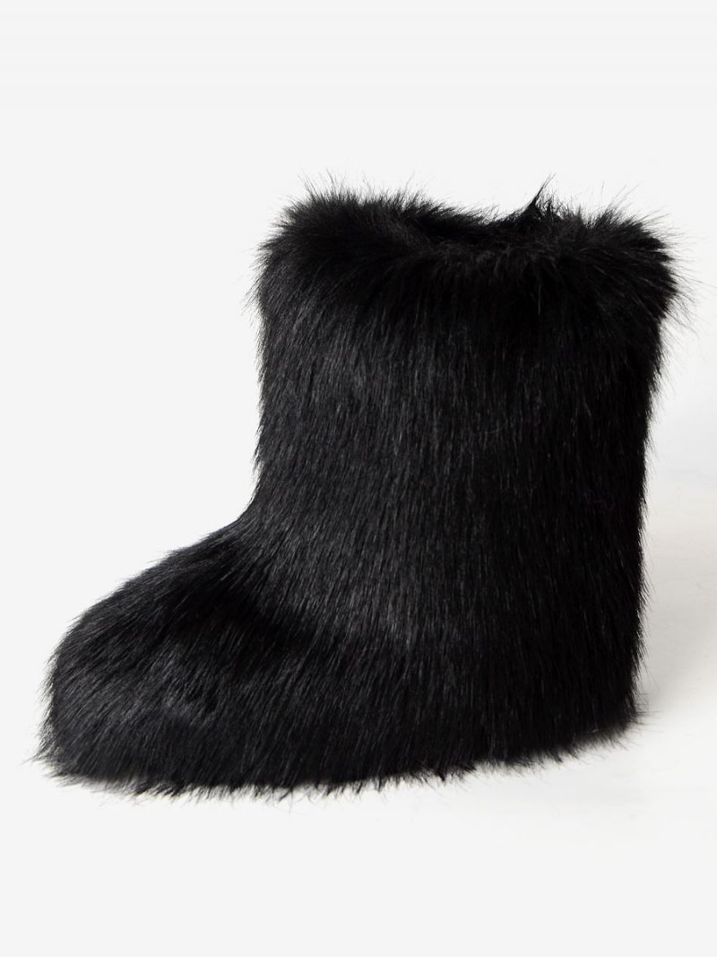 Bottes D'hiver Marron Pour Femmes Détails Fausse Fourrure À Bout Rond Et Patte D'ours - Noir