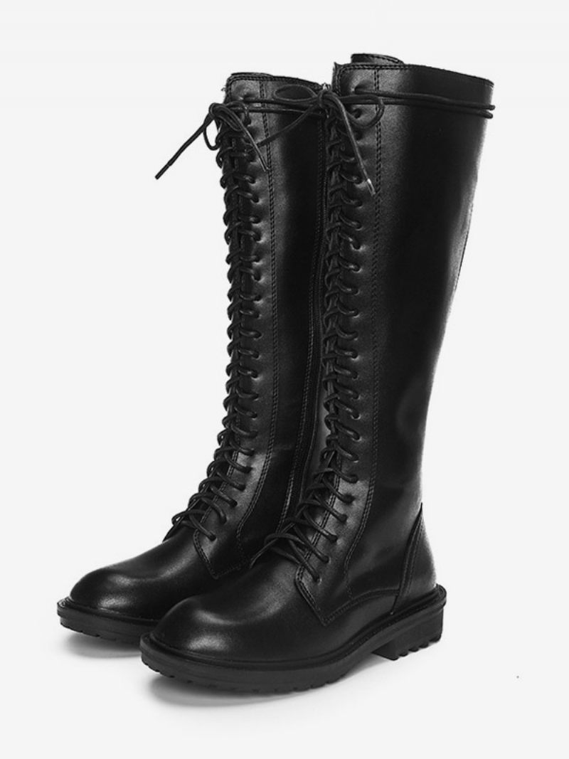 Bottes À Lacets Noires Plates Bout Rond Pour Femmes