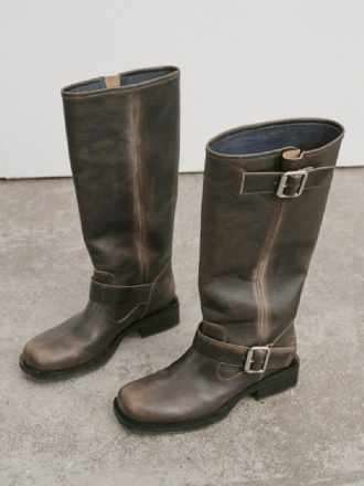 Bottes À Larges Griffes Pour Femmes Bout Rond Détail Boucle Hautes Plates Au Genou