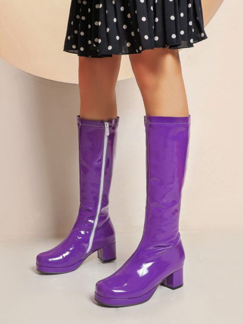 Bottes Lolita Pour Femmes Cuir Bout Rond Chaussures Brillant - Lilas