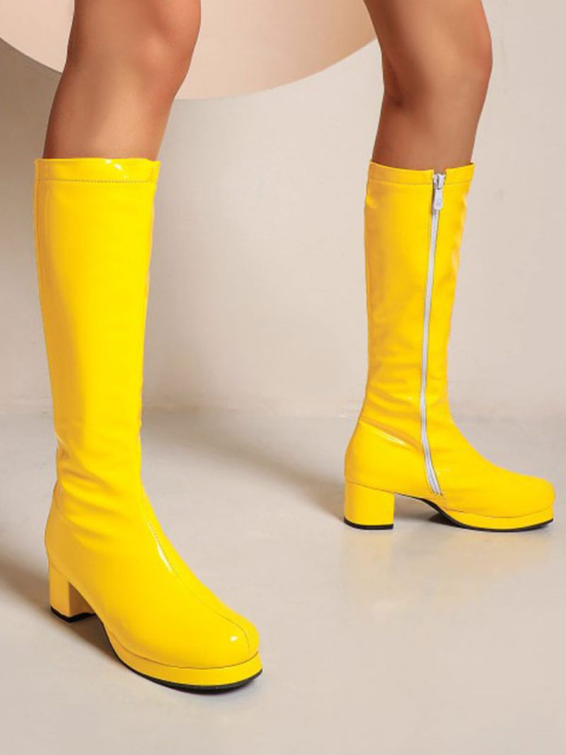 Bottes Lolita Pour Femmes Cuir Bout Rond Chaussures Brillant - Jaune